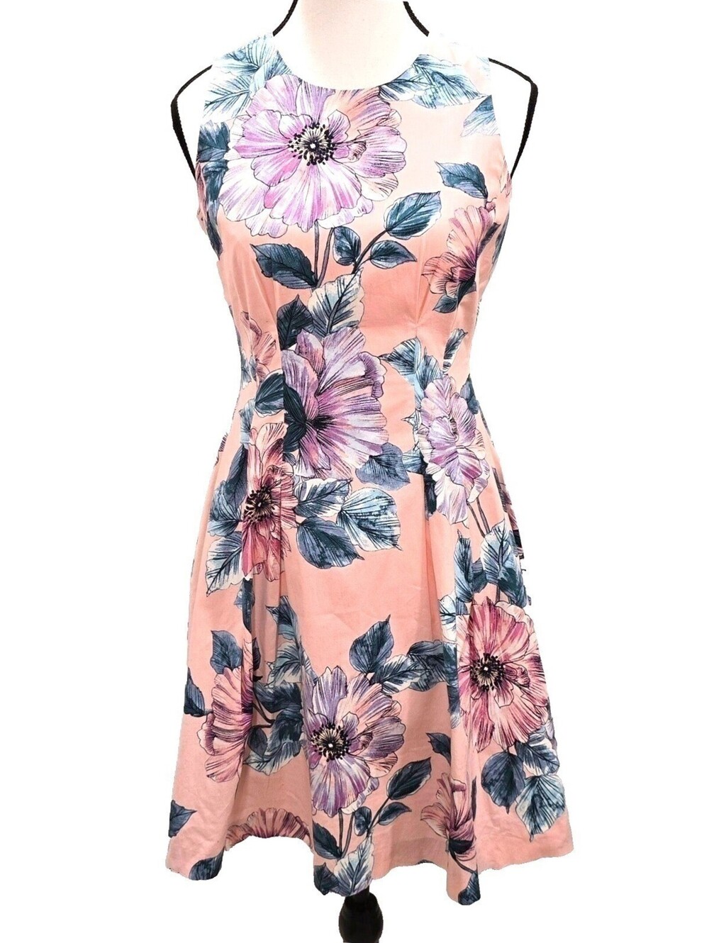 Vince Camuto Dress 0 Pink Floral Fit Flare Sleeveless Lined Feminine & Romantic